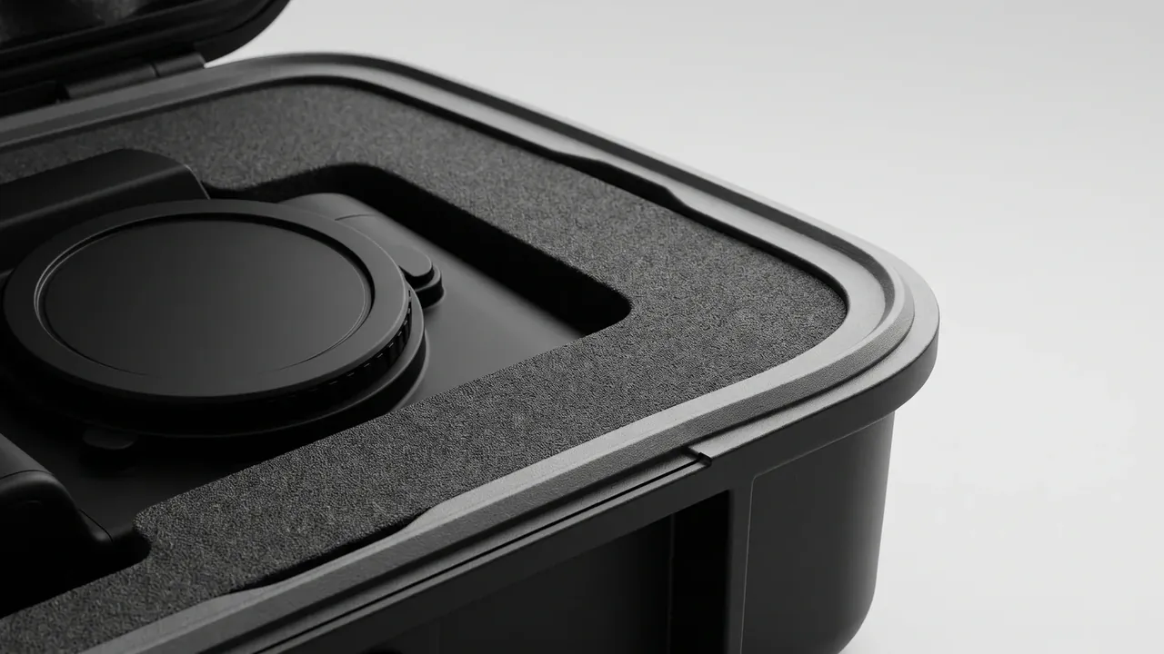 Battery case: black shell corner close-up, rounded edge and pale seal line, foam cut in a circle around one round black module