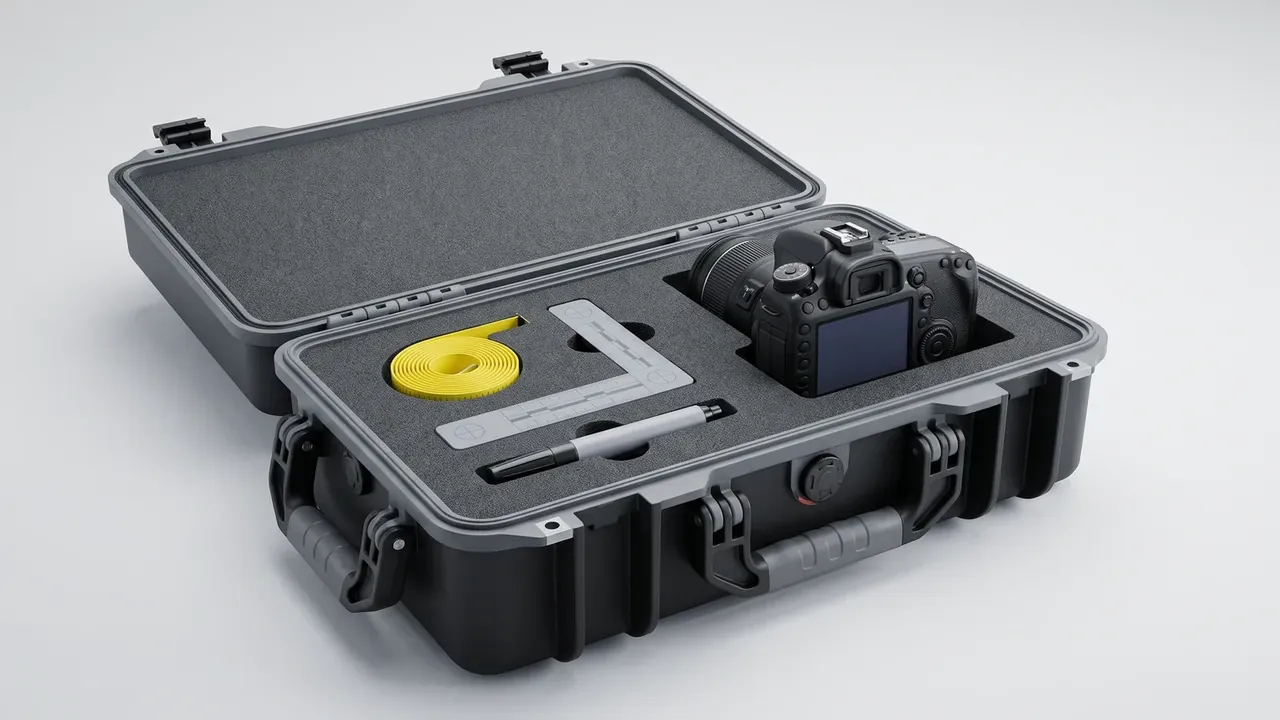 Plastic battery case: dark grey shell opened flat, black foam in the lid, die-cut trays holding a camera, coiled yellow tape and a silver pen