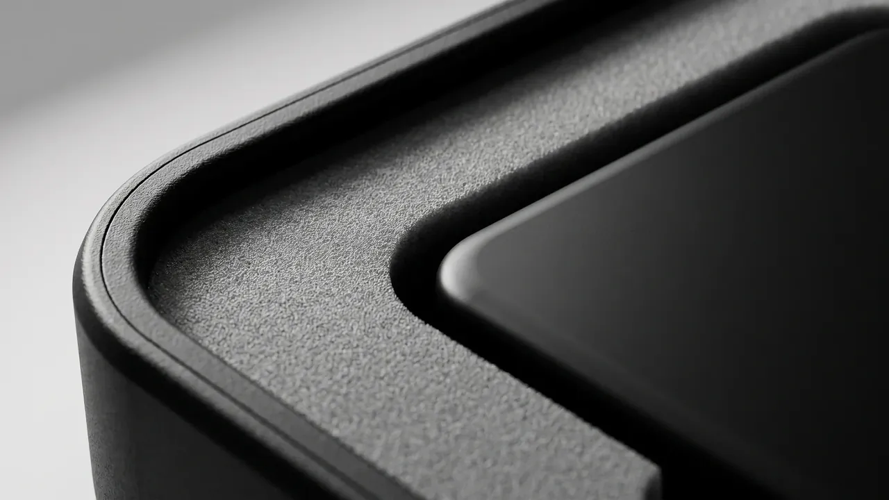Plastic battery case: macro of a black corner, narrow gasket groove and compression line on the curve, fine grained skin, recessed panel