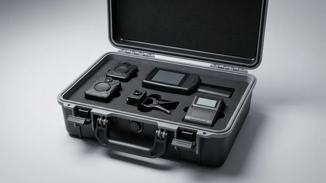 Battery box: black case open, foam in the lid, cavities holding two instruments, a screen controller and a clamp