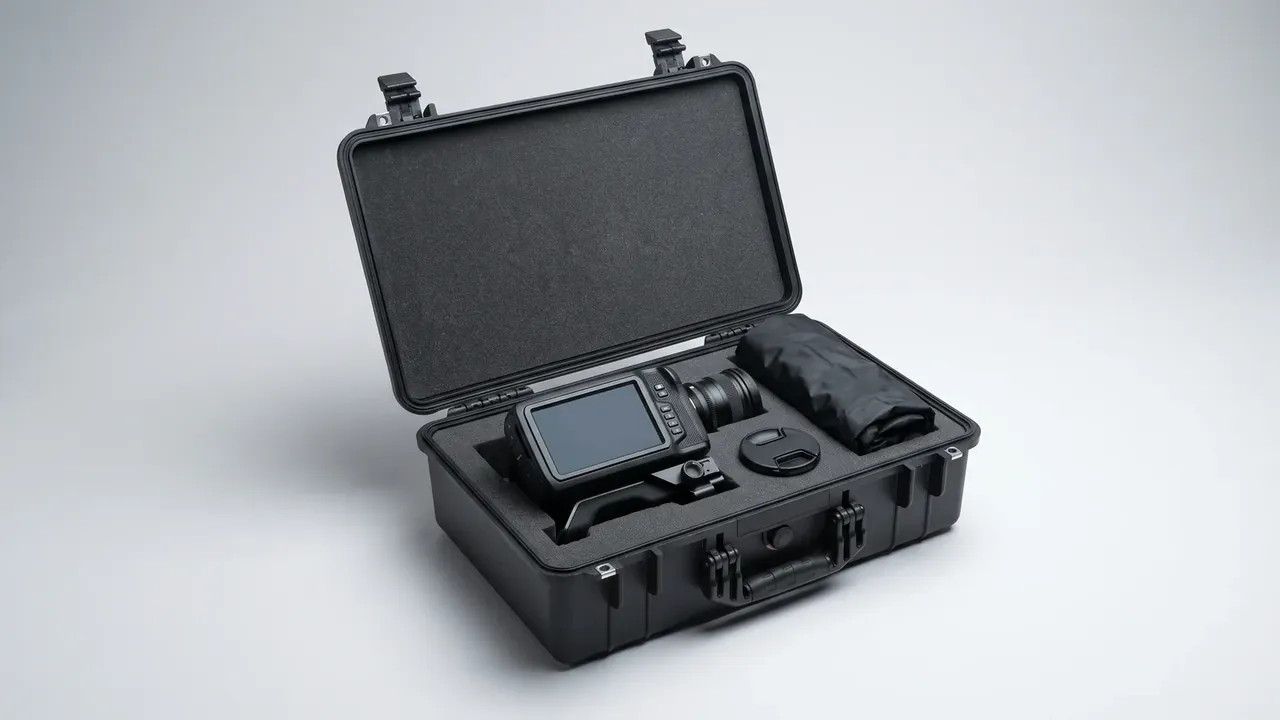 Battery box: black case open at an angle, foam in the lid, cavities holding a camera with lens, a soft pouch and a round cap