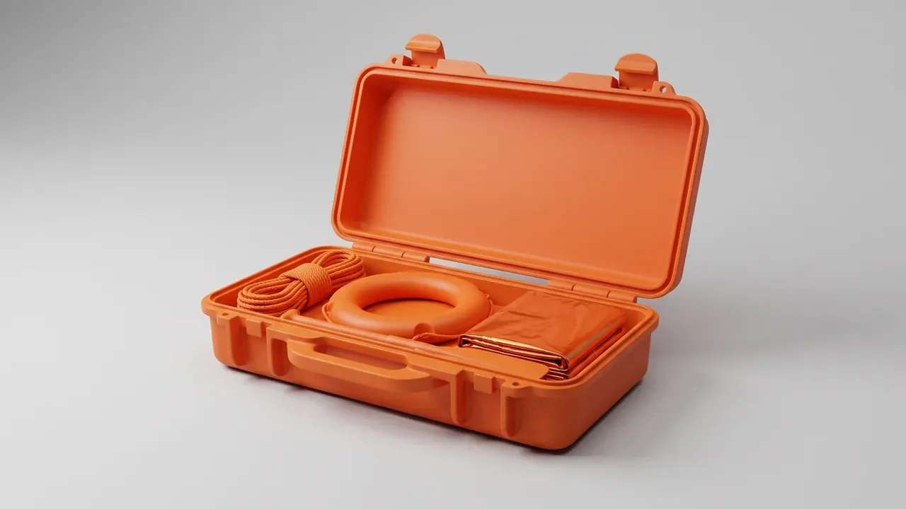 Plastic battery box: open orange case on light gray, lid raised, orange rope coil and ring buoy inside, two latch tabs on the lid edge