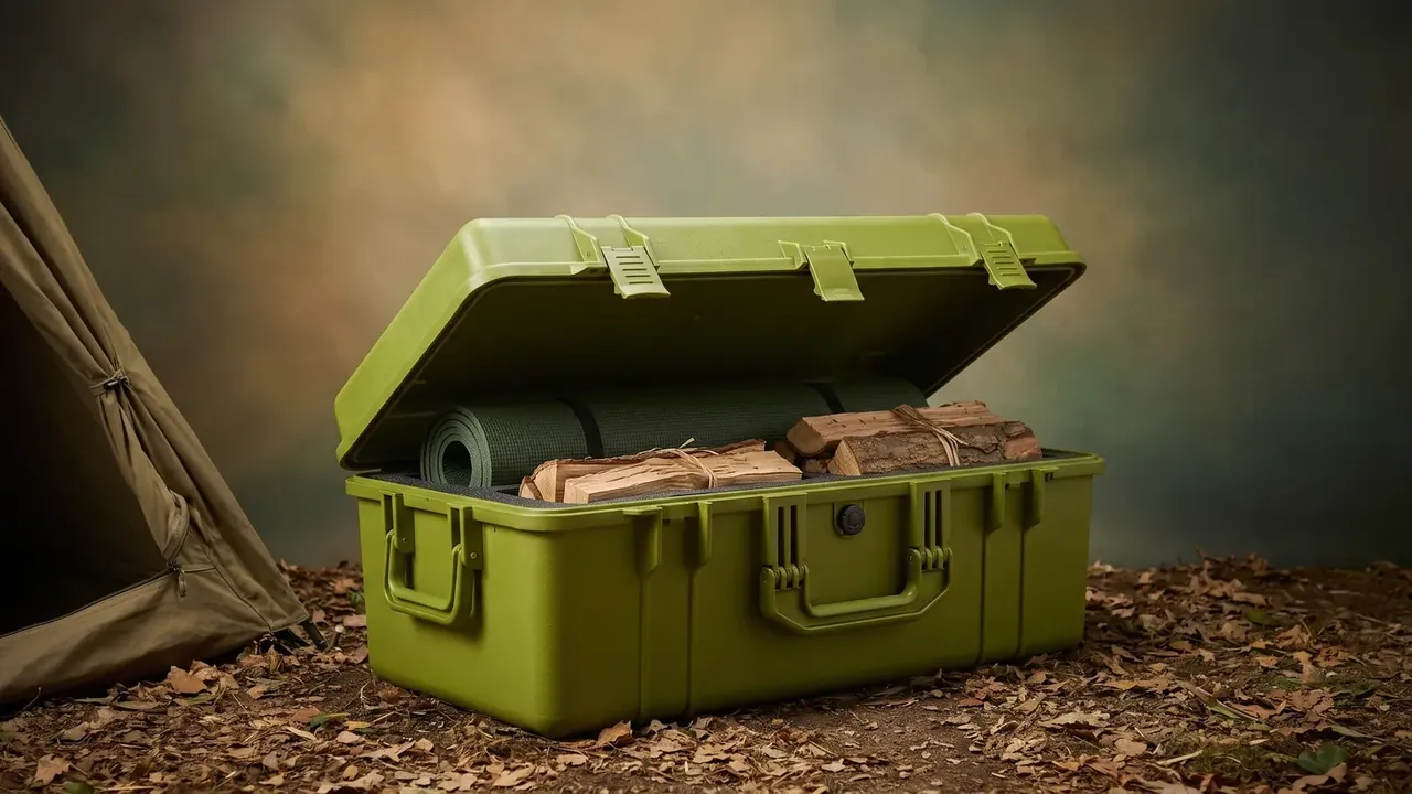 Battery transport case: olive green case open on leaf litter, three latches raised on the lid edge, folding side handles, a dark round valve