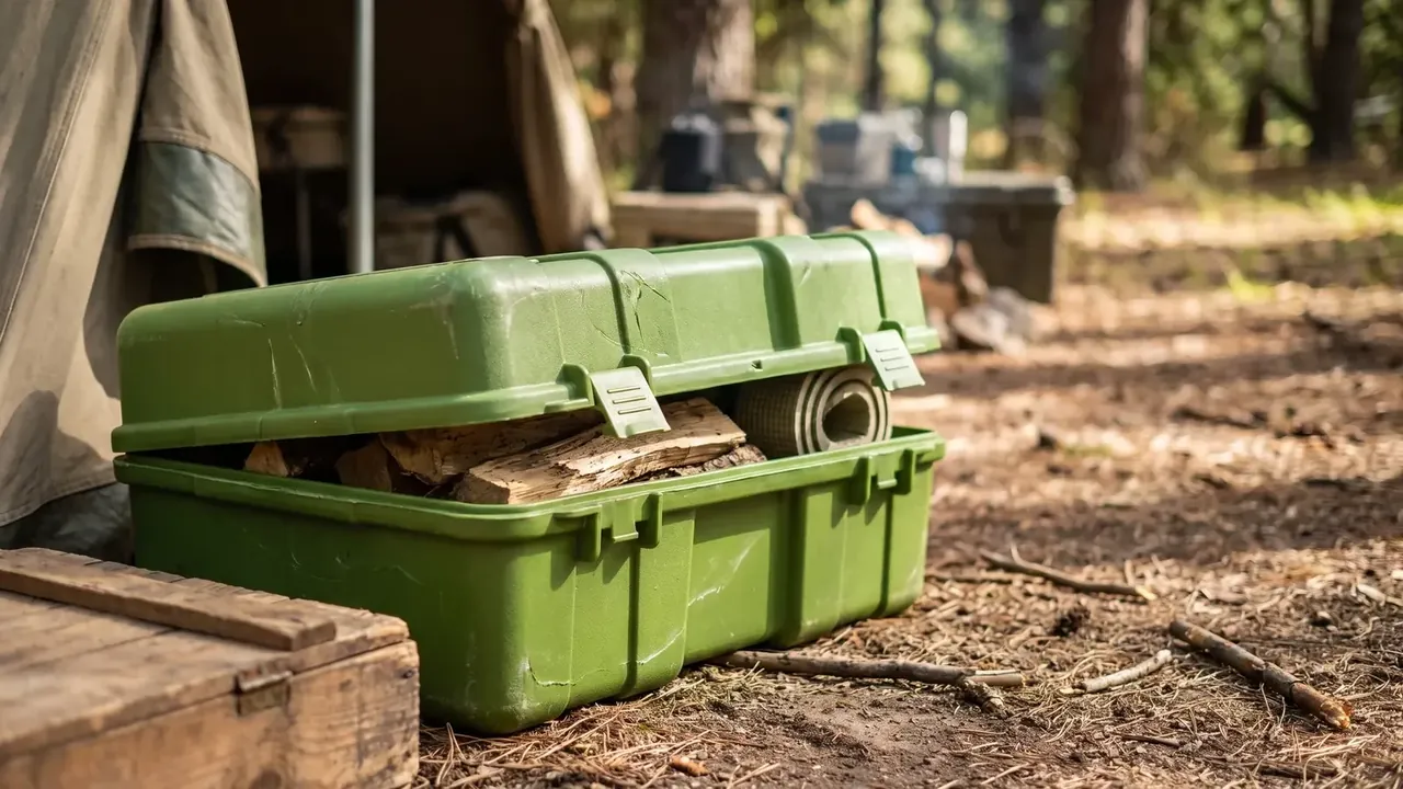 Battery transport case: olive green case closed but ajar, two latches hanging, lid scratched, split firewood and a rolled mat wedged in the gap