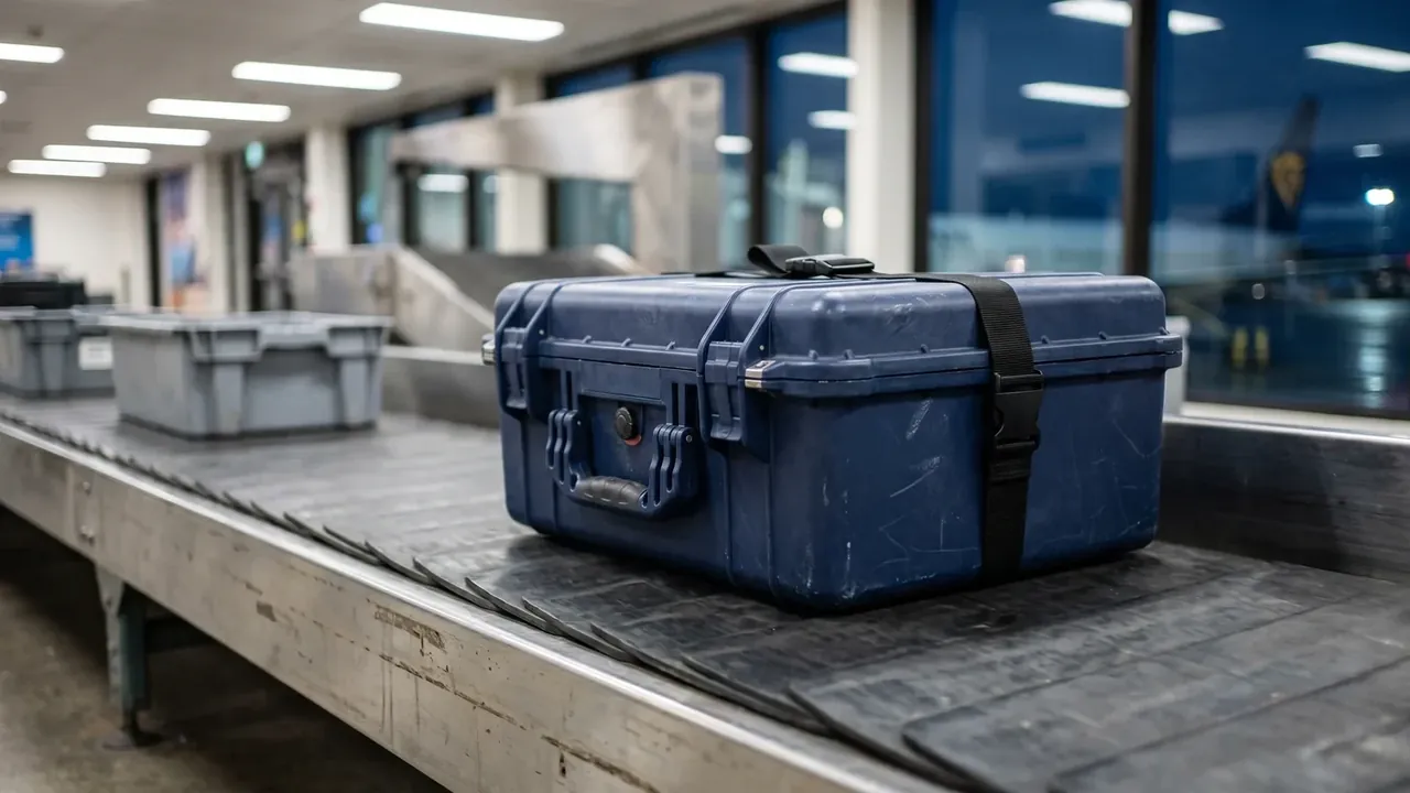 Robot protective box: dark blue box on a stainless baggage belt, black strap around it, grey totes behind
