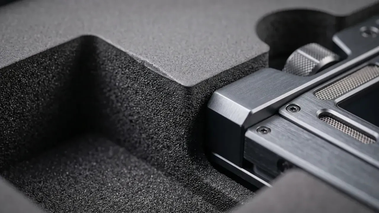 Robot protective box: black foam insert close-up, square cavity with even grain, metal part with knurled knobs inside