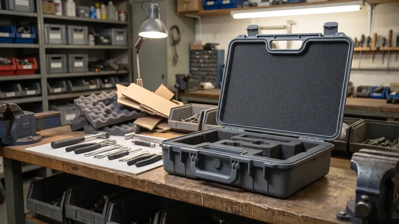 Robot packaging box: grey clamshell open on workbench, flat foam in the lid, three square cavities in the base foam, screwdrivers and wrenches beside it
