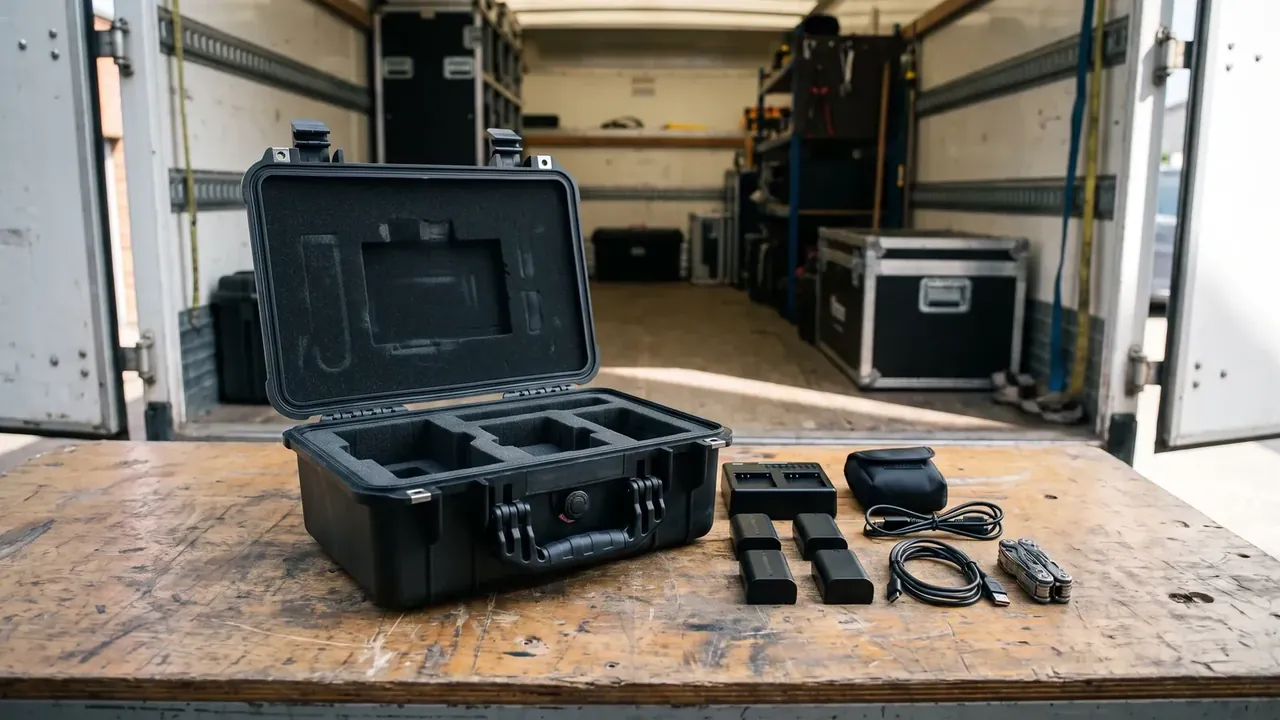 Engineering plastic box: open black box on a wooden bench, empty foam compartments, a pressure valve and two catches in front