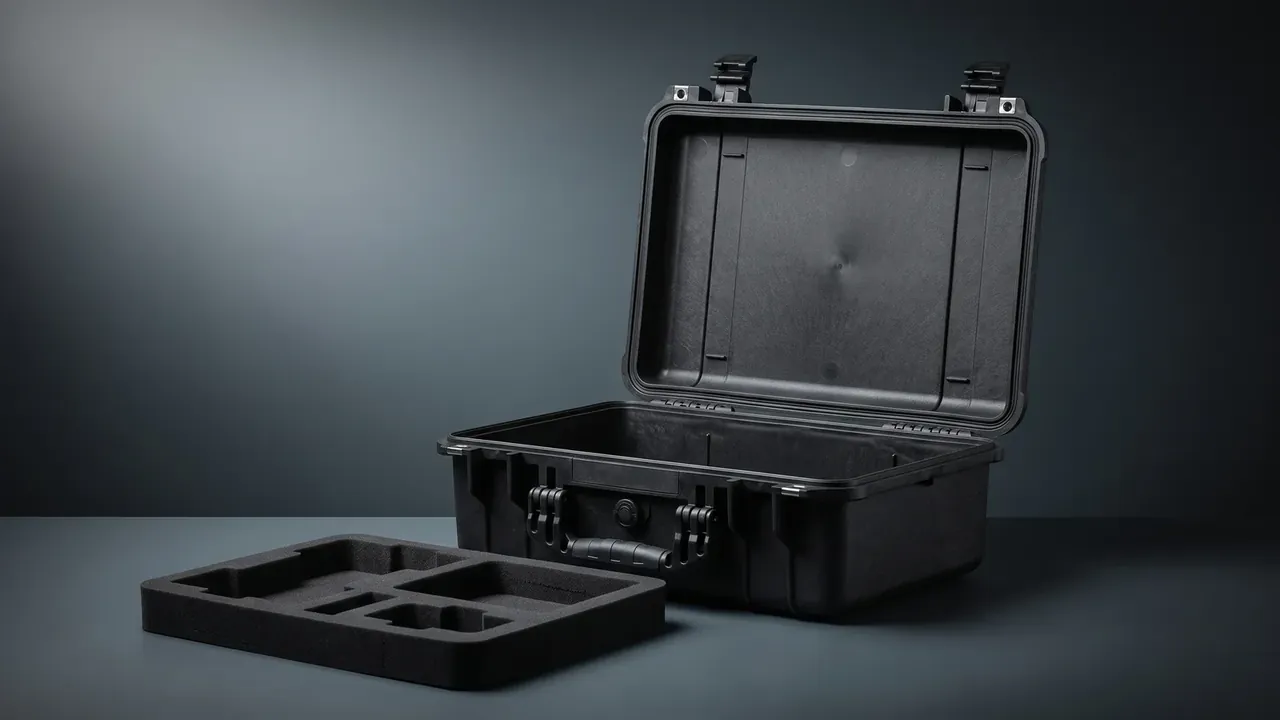 Plastic protective case brand: black open case on dark grey, pressure valve and two latches at the front, four-pocket foam block propped beside