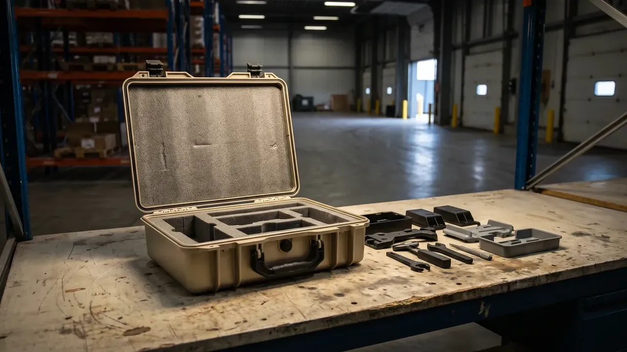 Waterproof instrument case: sand-coloured shell open upright on a repair shop bench, foam-lined lid, empty compartmented insert, black brackets and two wrenches beside it