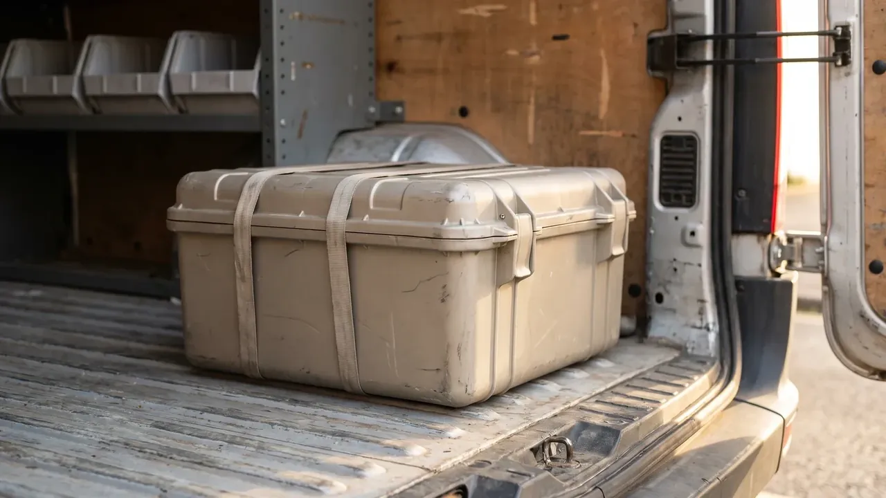 Waterproof equipment box: beige case lying on the ribbed aluminium floor of a van, two white webbing straps crossed over the lid, grey bins behind