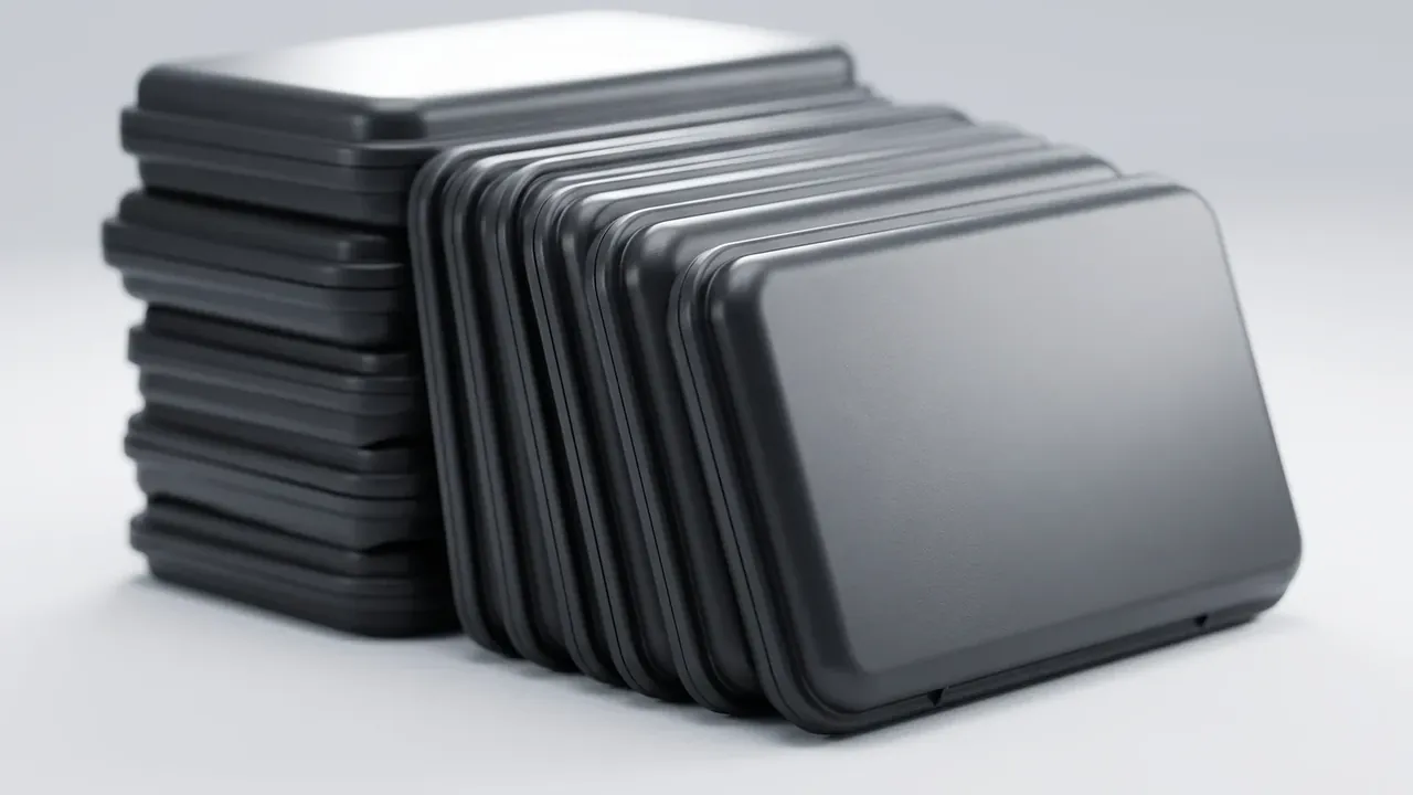 Waterproof safety case: a dozen slim black cases stacked in two piles on a bench, several leaning in a fan, rounded rims with a groove