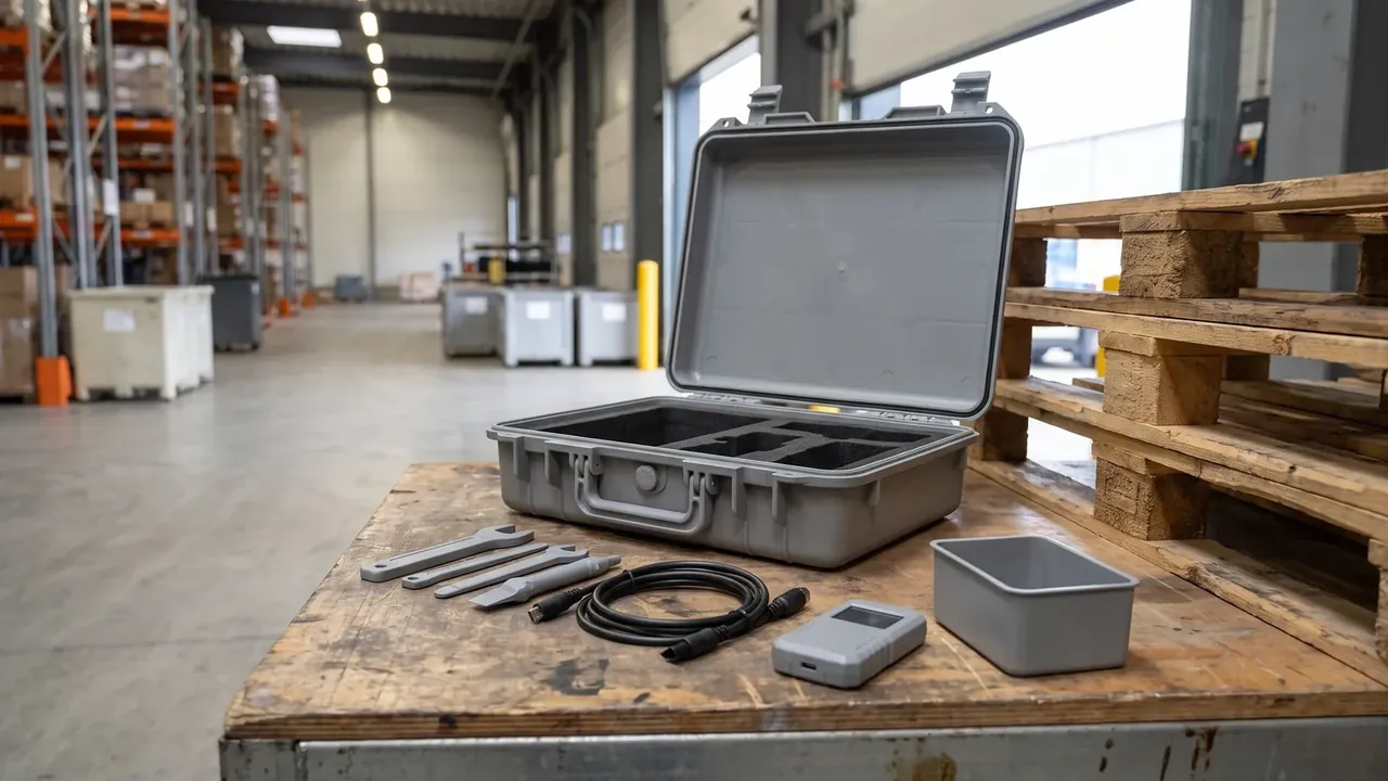 Waterproof medical case: light grey shell open on a bench, grey lid gasket, black foam insert, two front latches, spanners beside