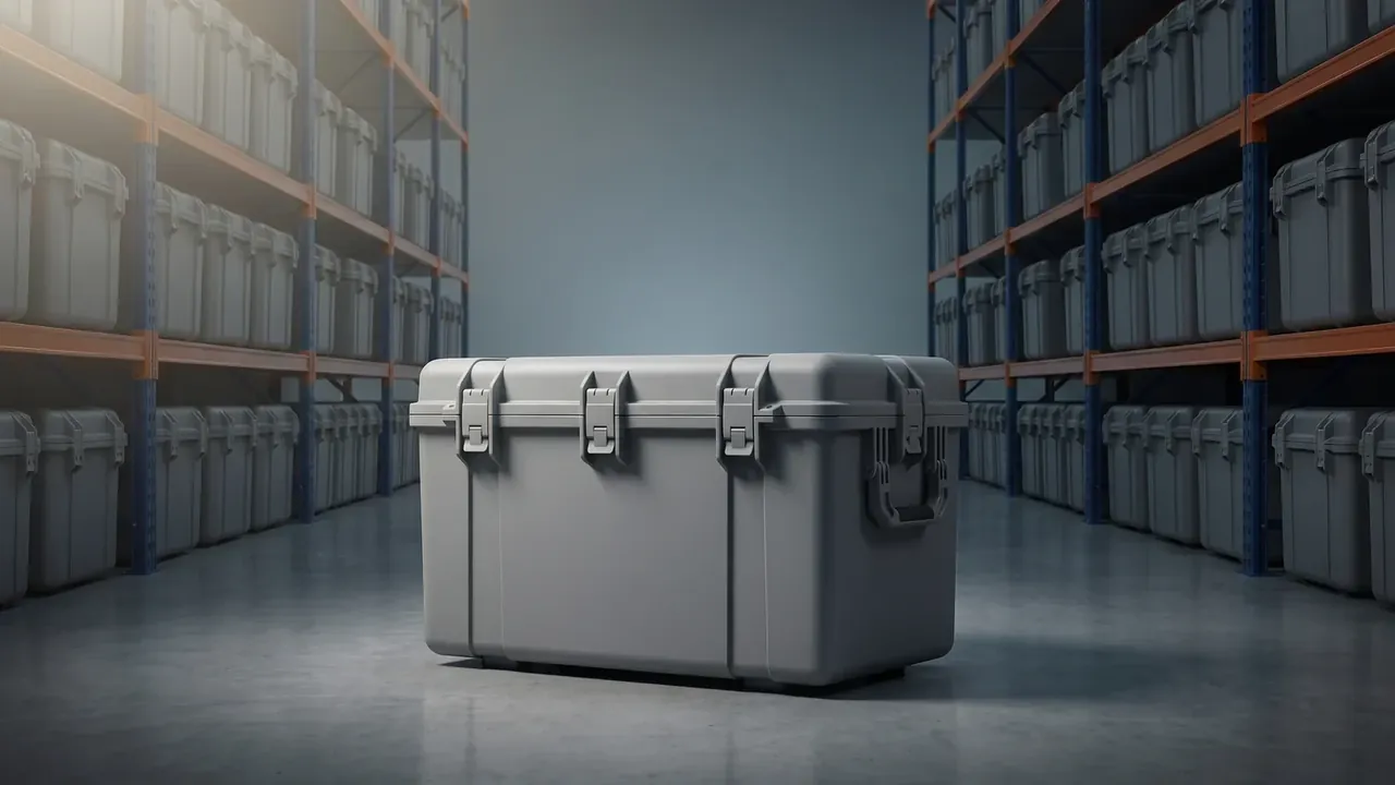 Waterproof military case: large grey trunk closed in a warehouse aisle, four front latches, a side handle, matching cases on tall racks either side