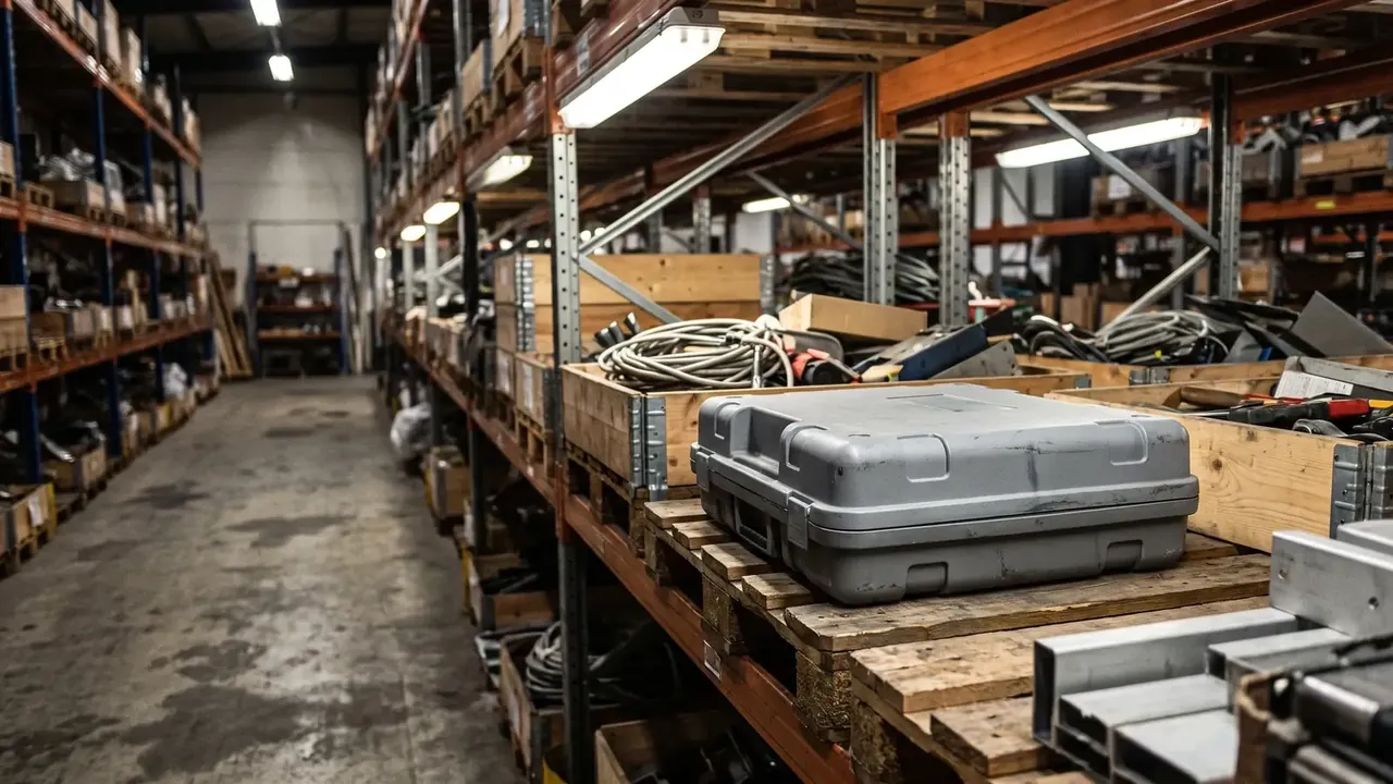Waterproof gun case: a light grey closed hard case sits on a wooden pallet in a warehouse aisle, coiled cables and timber crates around it