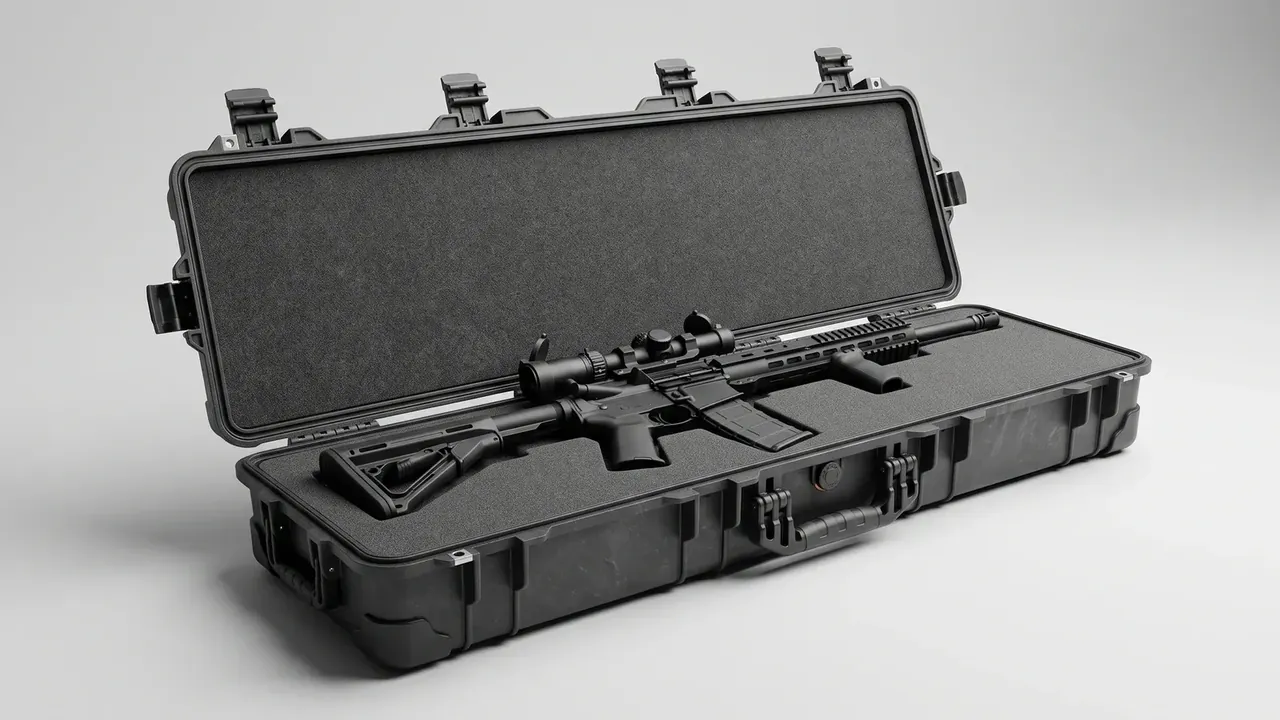 Waterproof chemical case: a long black case open on the floor, four lid latches, foam in the lid, a rifle in cut foam, front handle
