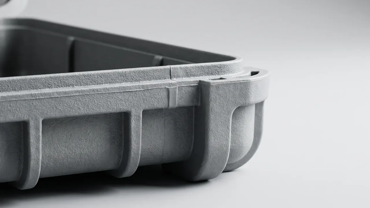 Gun case: corner close-up of a grey hard case on light grey, fine pebbled texture, vertical side ribs, moulded latch recess
