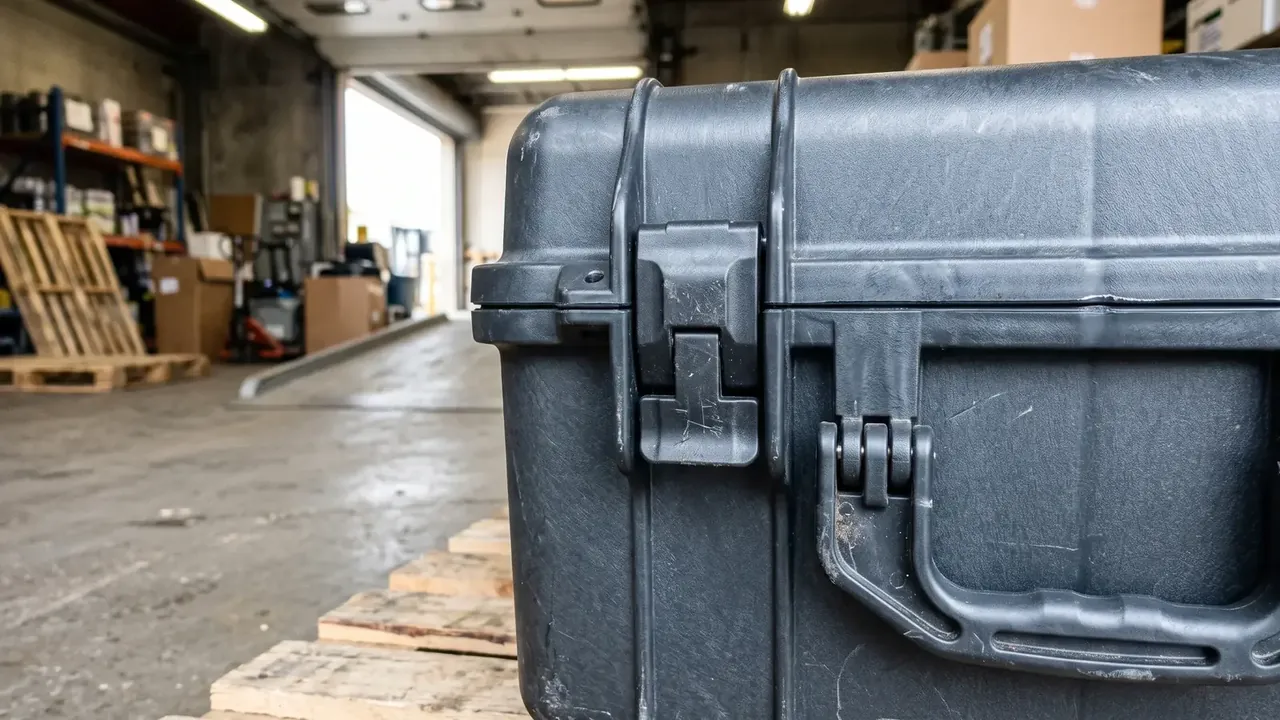 Gun case: a black case corner latch in close-up on a warehouse floor, wooden pallets and roller door behind