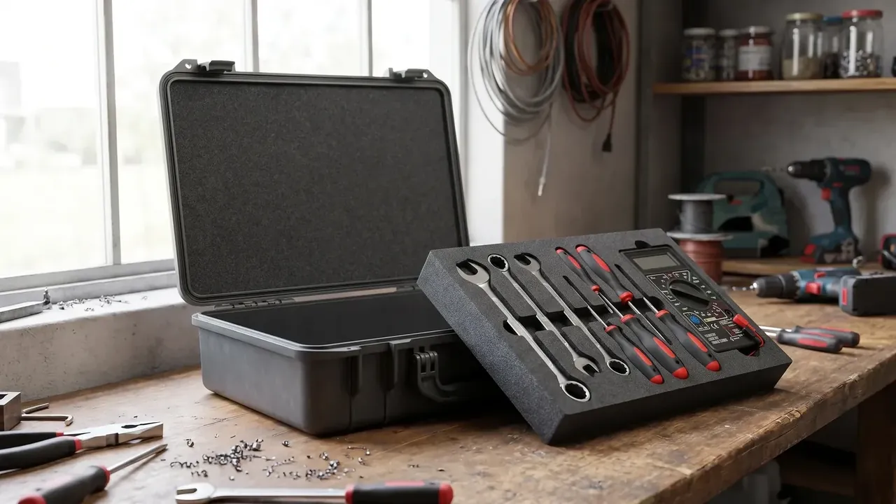 Plastic boxes buying guide: a dark grey hard case open on a workbench, its foam insert lifted out, wrenches and screwdrivers in the cut-outs