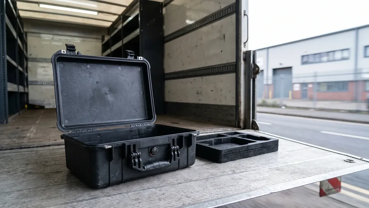 Plastic boxes wholesale guide: open black case on a truck tailgate, foam insert beside it, warehouse racking and factory wall behind