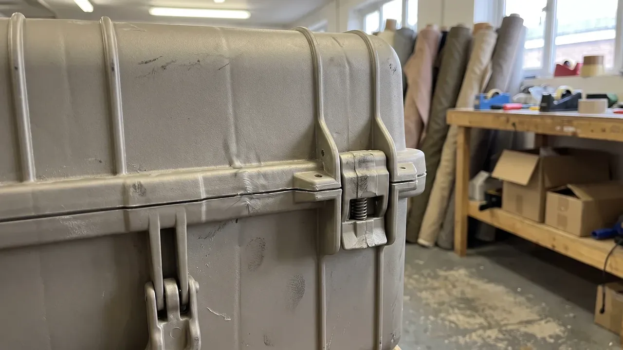 Plastic box pictures: a diagonal close-up of a grey rotomoulded seam, one spring latch locked, a draw latch below, vertical wall ribs, timber workshop behind