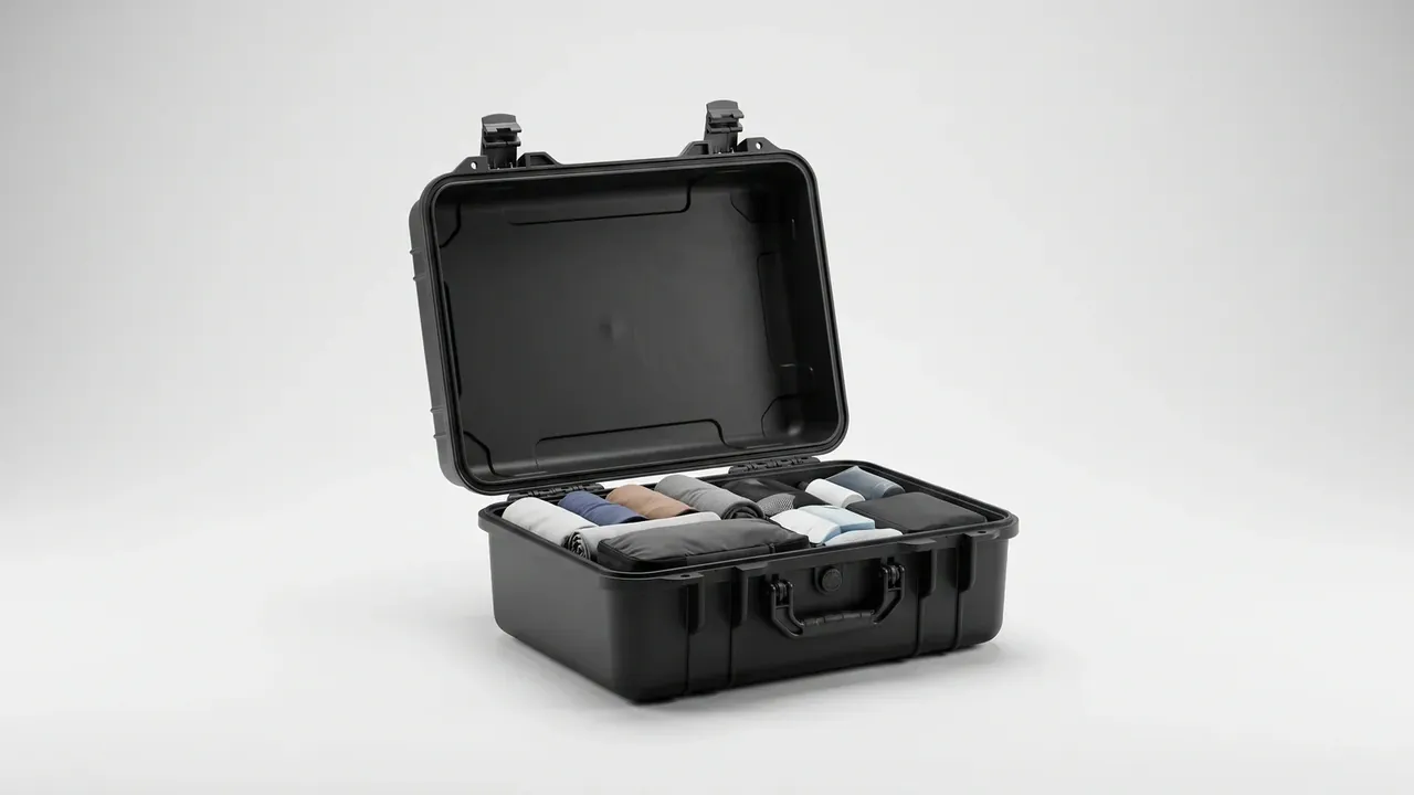 Plastic box pictures: a black flip-lid case open ninety degrees on grey, plain inner lid, cavity with rolled fabric and pouches, twin catches, folded handle