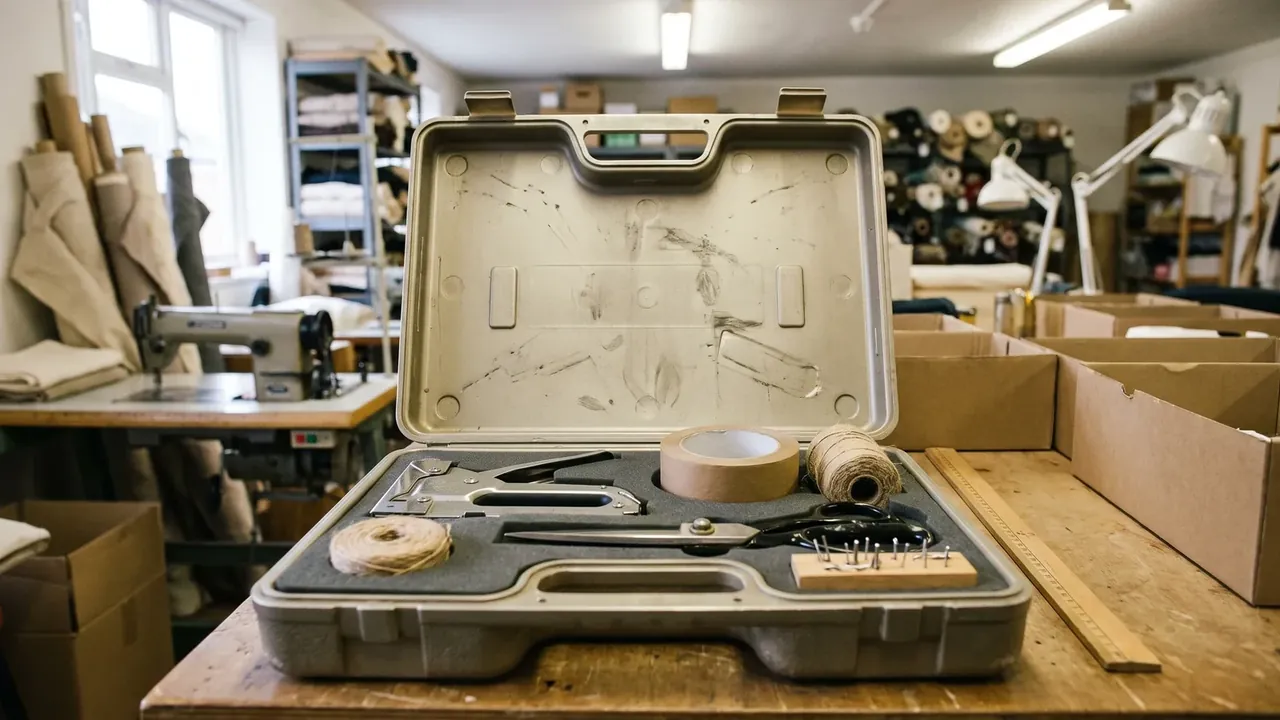 Plastic box pictures and prices: an open beige case with foam on a workshop table, shears and twine
