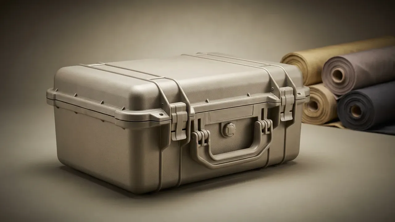 Plastic case pictures: a khaki rotomoulded case on a table, a pressure relief valve centred on the front flanked by latches, fabric rolls behind
