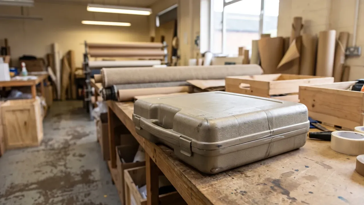 Plastic case pictures: a worn olive grey case on a workshop bench, scuffed corners and latches, wooden crates, fabric rolls and tape behind