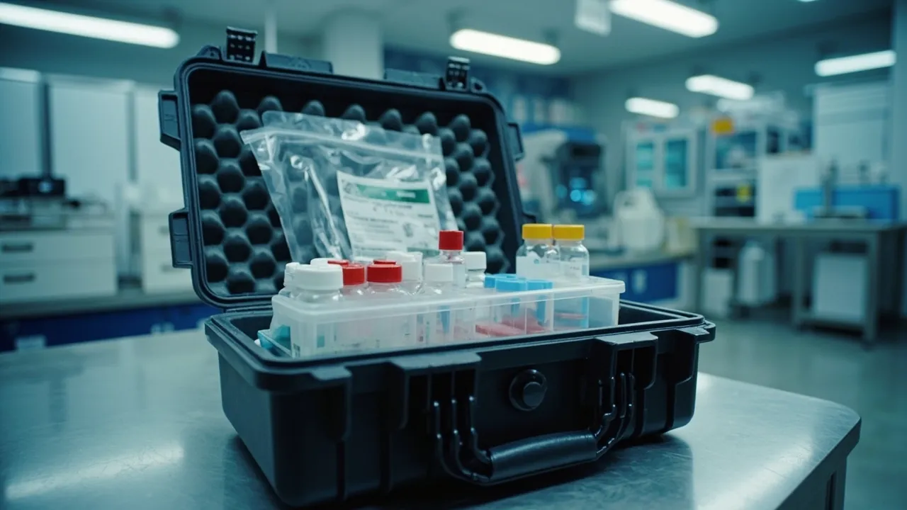 Lab transport case open on bench