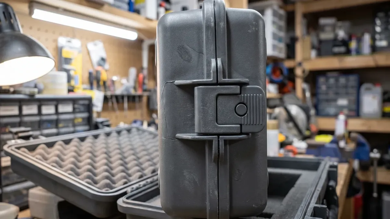 Large rolling plastic storage box: black case upright on a workbench, one latch across the seam, open halves with egg-crate foam, pegboard behind