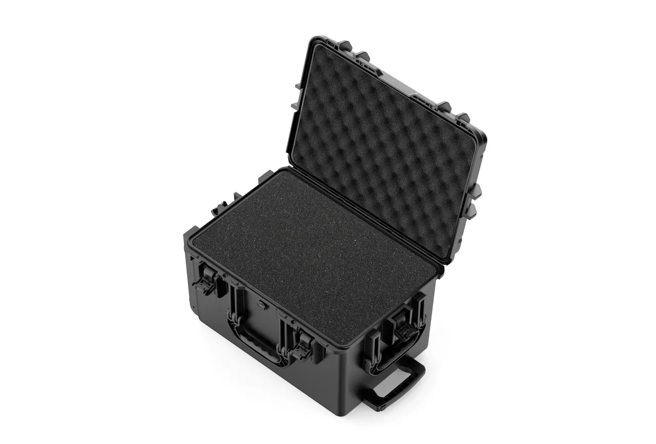 Leather goods case insert cut with bag-shaped cavities, a top load plate and separate handle cradles