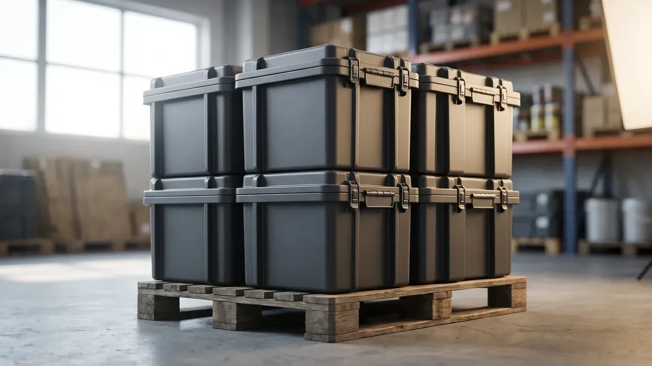 Lockable plastic case supplier: eight matte black cases stacked two tiers on a warehouse pallet, latches aligned, blue racking behind