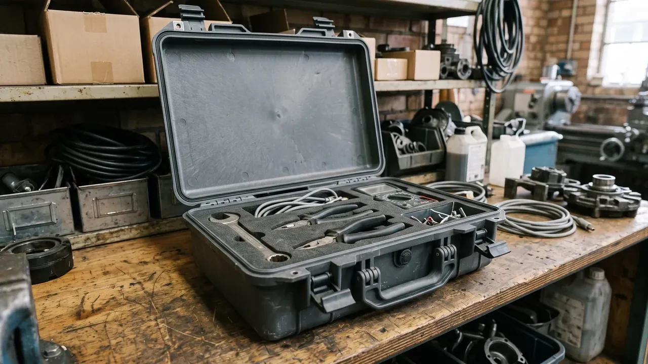 Lockable Storage Box: a black case open on a machine-shop bench, a round key cylinder centred between two latches and the handle