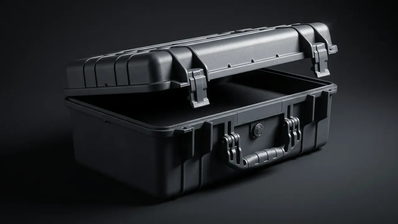 Lockable Storage Box: a black case slightly open on a dark background, black liner visible in the gap, a key cylinder above the handle