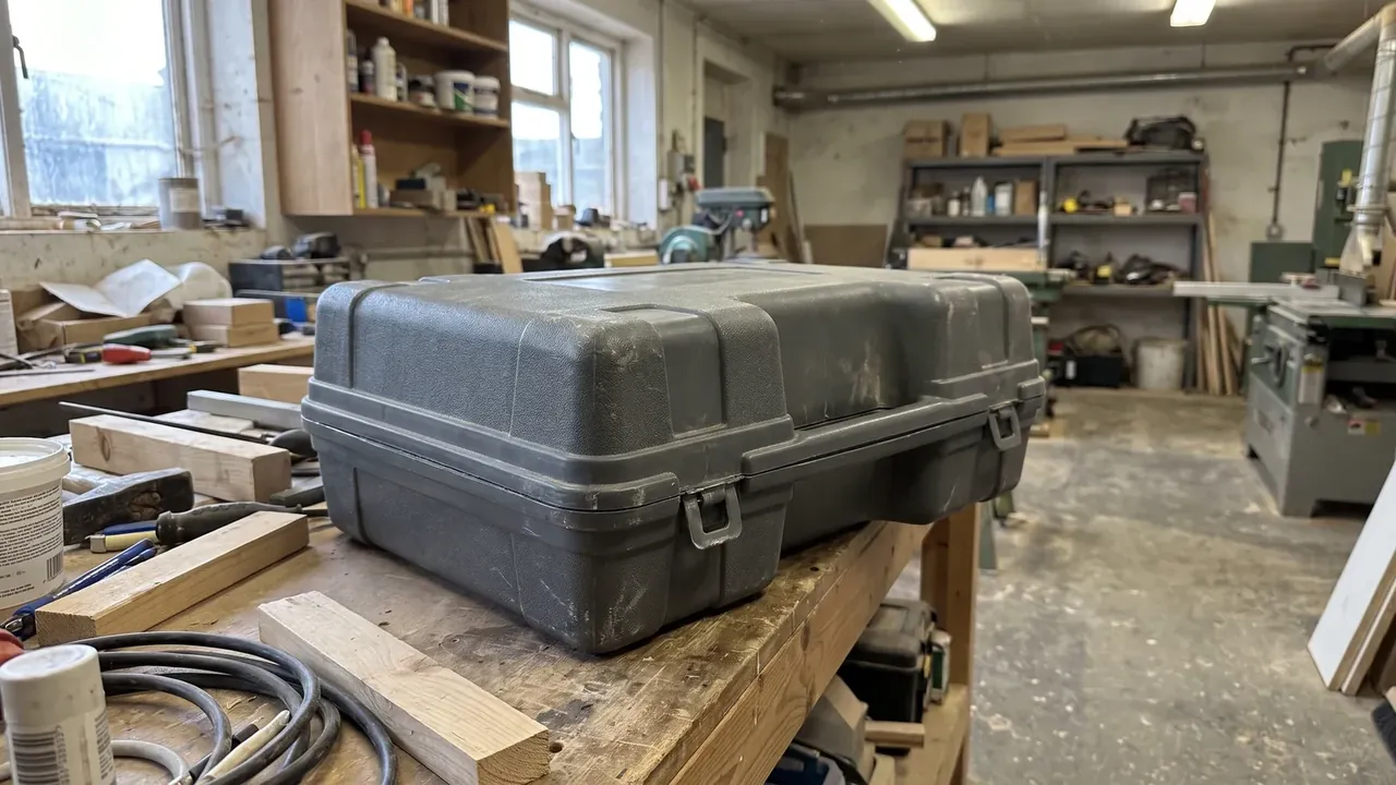 Lockable storage box: closed on a joinery bench, fine scratches across the shell, two wire latches pulled tight, offcuts and cable around it