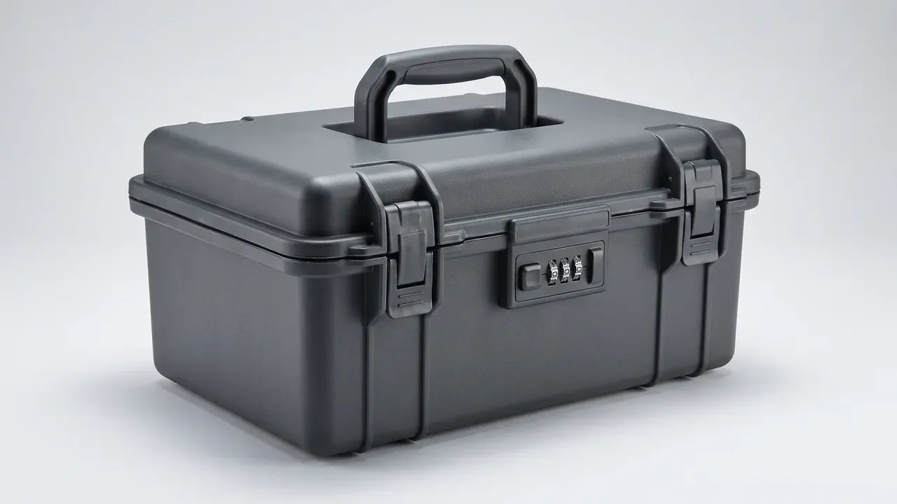 Lockable storage box: three-dial combination lock set into the front, a release button below it, symmetrical latches either side, fixed handle on the lid