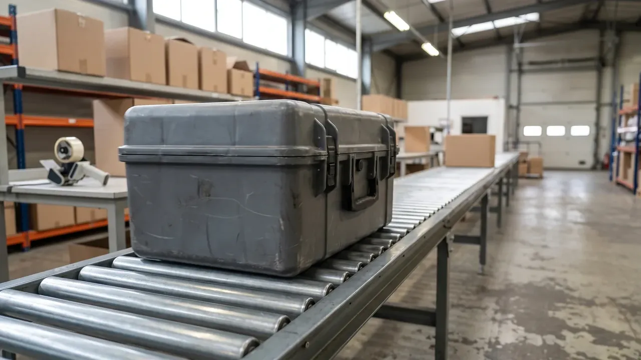 Lockable storage box: riding a roller conveyor, scuffed grey shell, side handle facing out, cartons and a roller door behind, lights mirrored on the floor