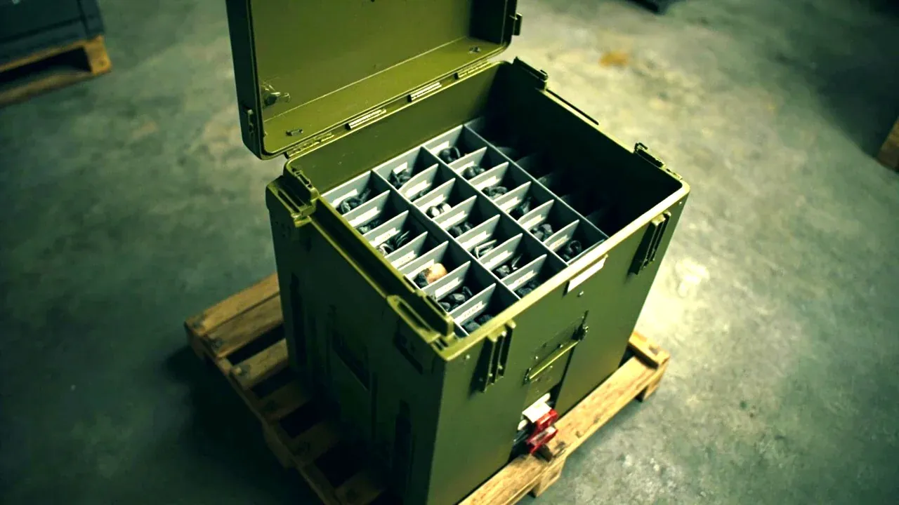 An olive-green logistics box open on a pallet, small parts sorted in grey foam compartments