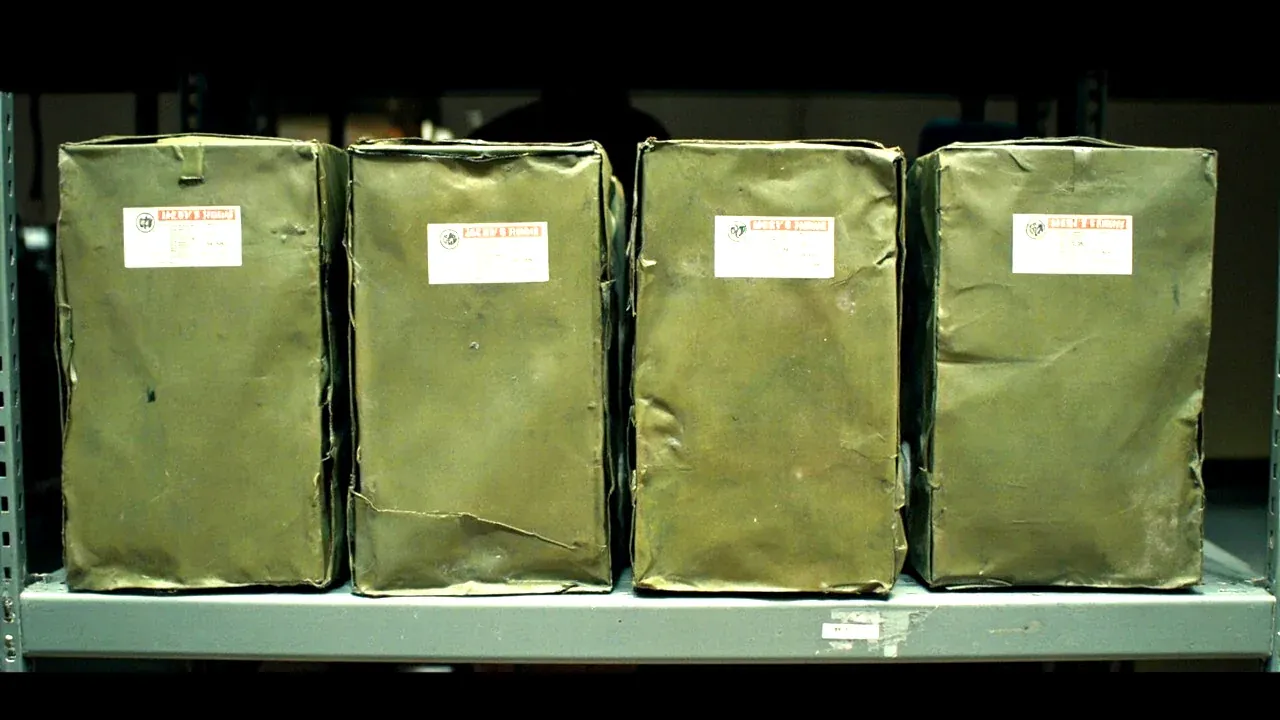 Four identical logistics boxes on steel shelving, labels facing the same way