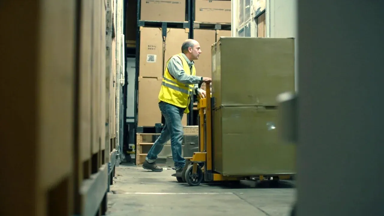 A worker in a high-visibility vest pushing two logistics boxes on a pallet truck through a warehouse aisle