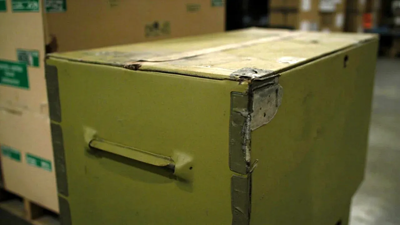 A used logistics box with a repaired corner and a scuffed lid