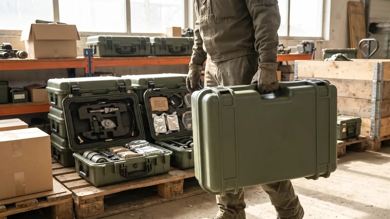 Logistics Support Box: olive-green cases open on a timber pallet, lid foam holding fittings, a gloved worker lifting a matching closed case.