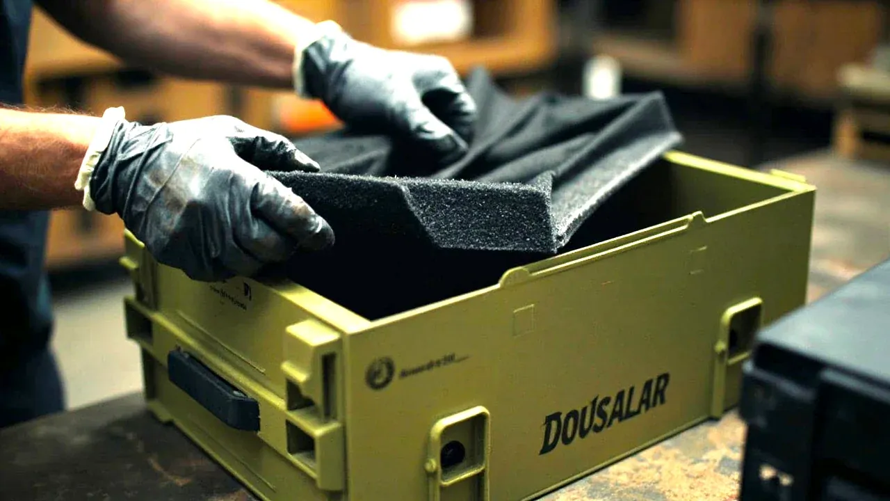 A gloved hand lifting a folded foam liner out of a logistics box