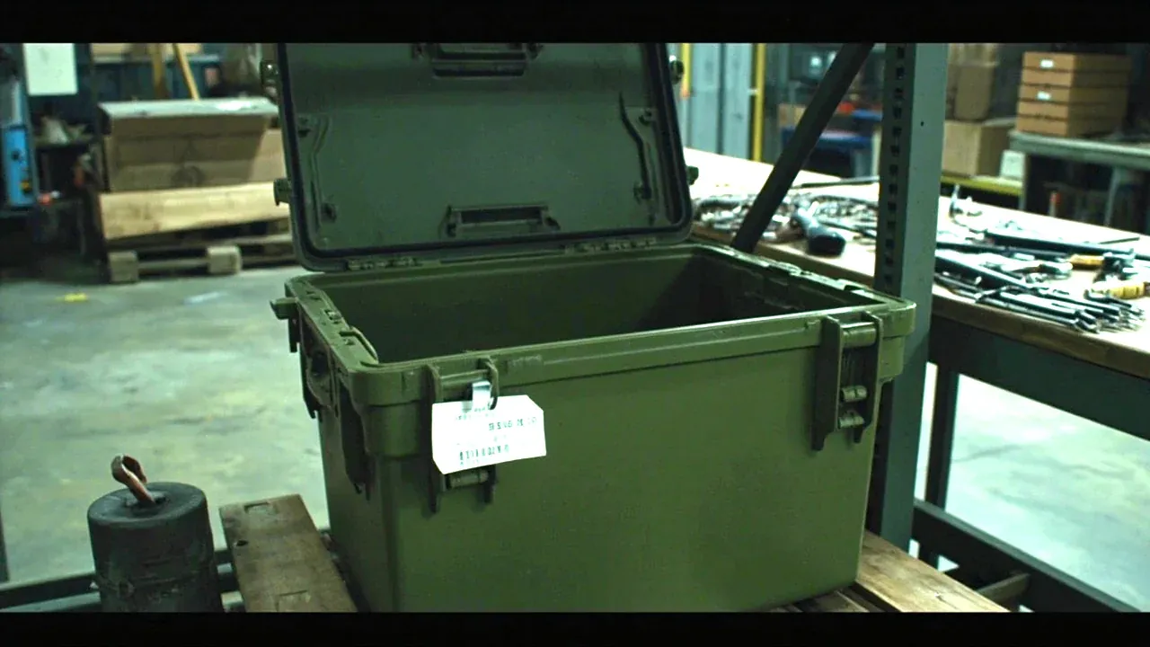 A logistics box open on a return rack awaiting inspection, tag clipped to the handle, tools on the bench