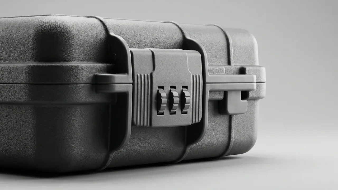 Long Weapon Case: dark grey rotomolded case lying on its side, three ribbed latches in a row, textured shell, plain grey background