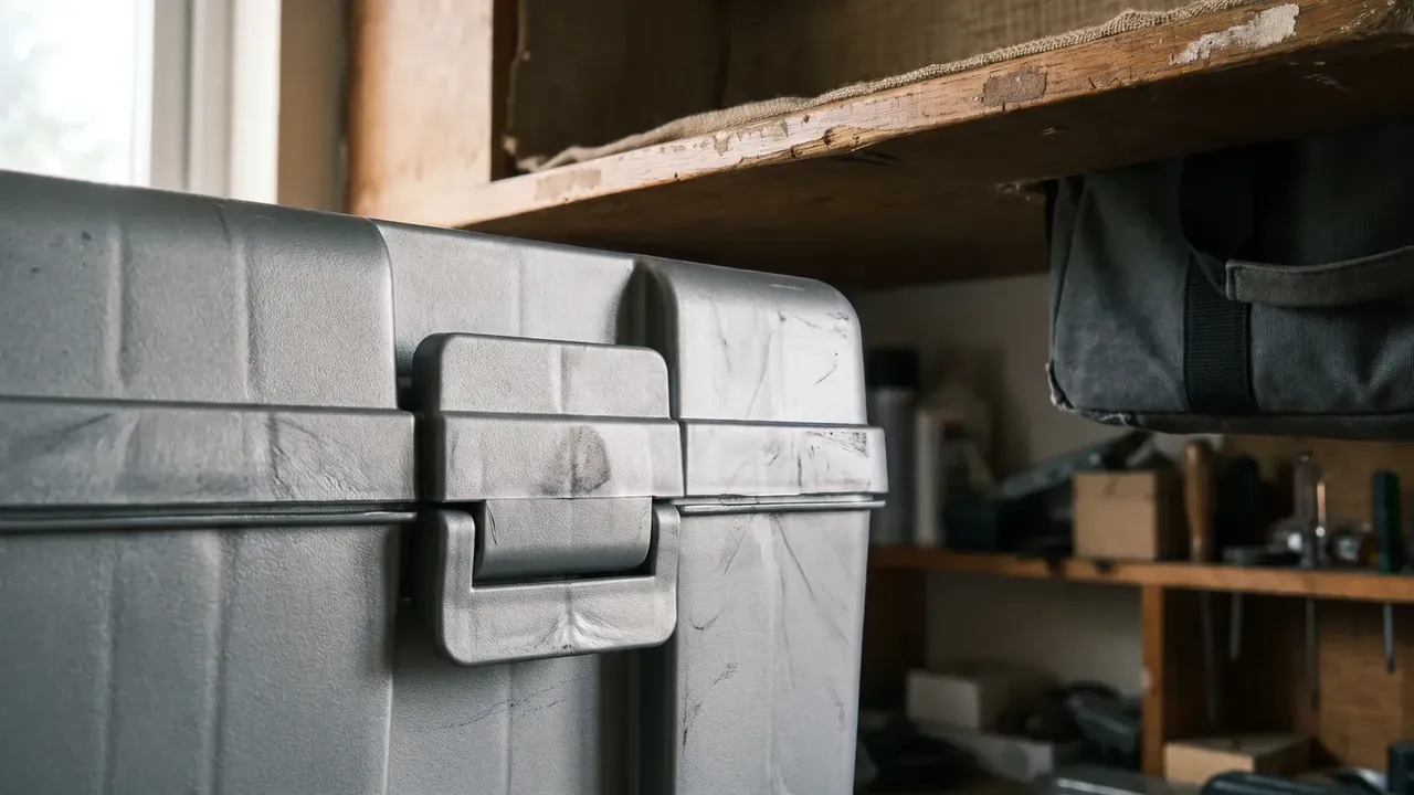 Long Weapon Case: silver-grey rotomolded shell close up, one centred latch closed, scratches across the surface, timber shelving and workshop clutter behind