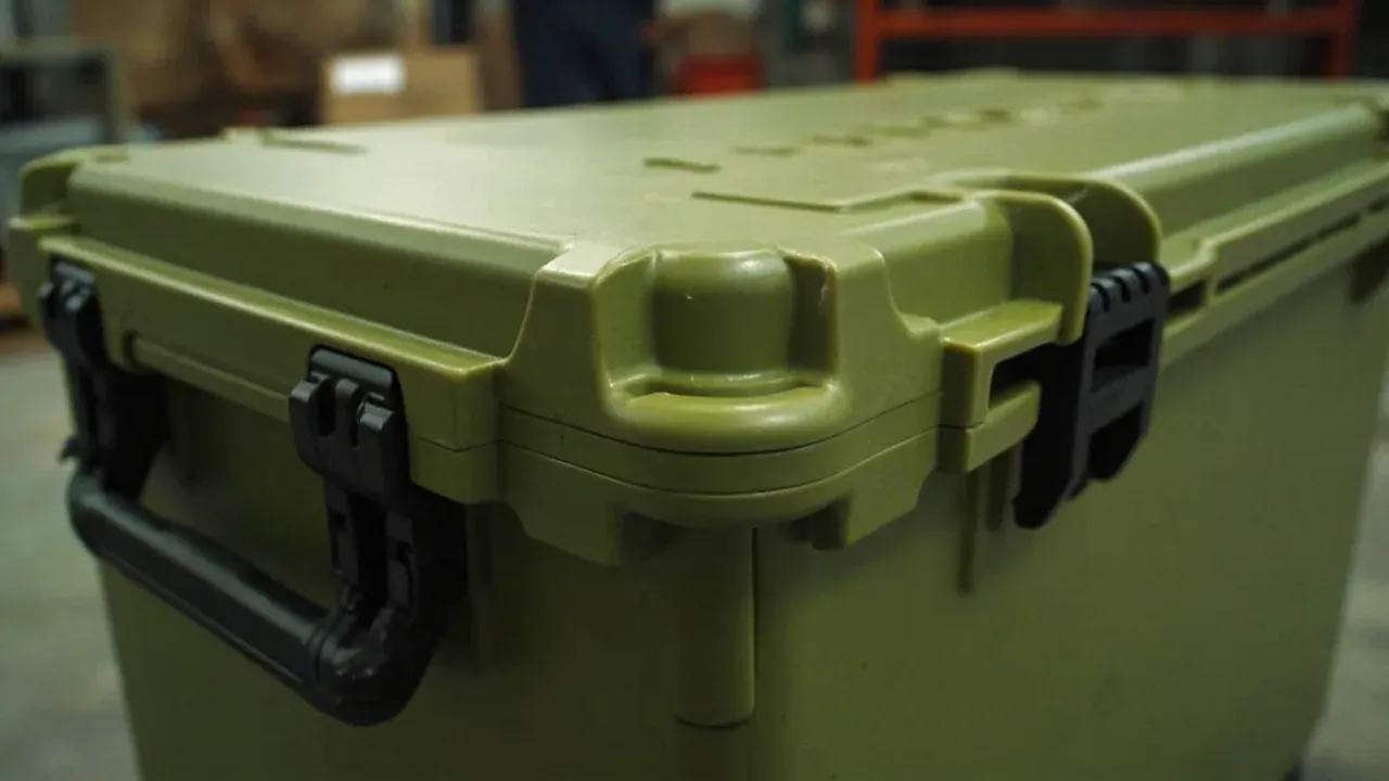 Three draw latches and a corner guard along the long side