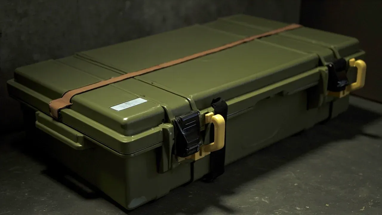 Long case strapped to a vehicle cargo floor