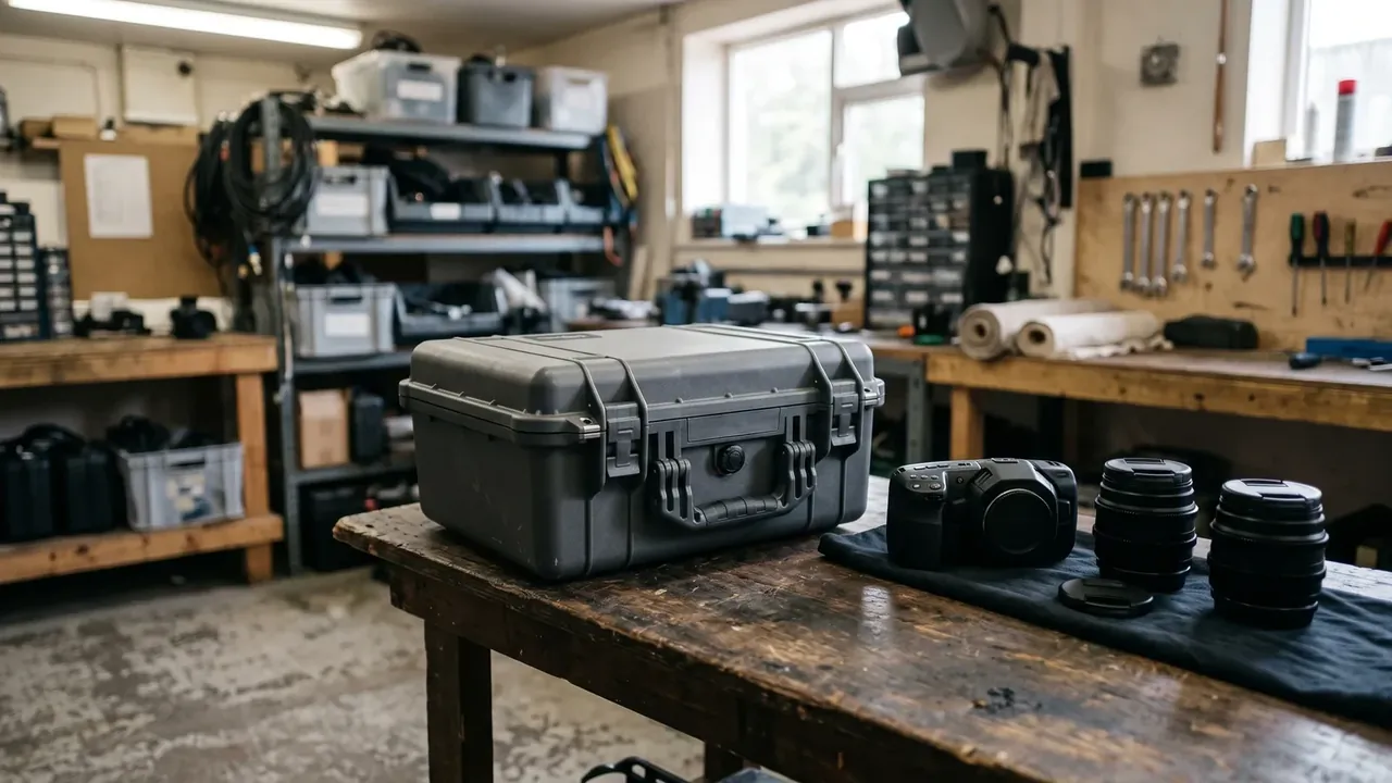 Long Weapon Case: grey closed hard case on a workshop bench, two front draw latches and a moulded handle, camera body and two lenses to the right, shelving of parts bins behind